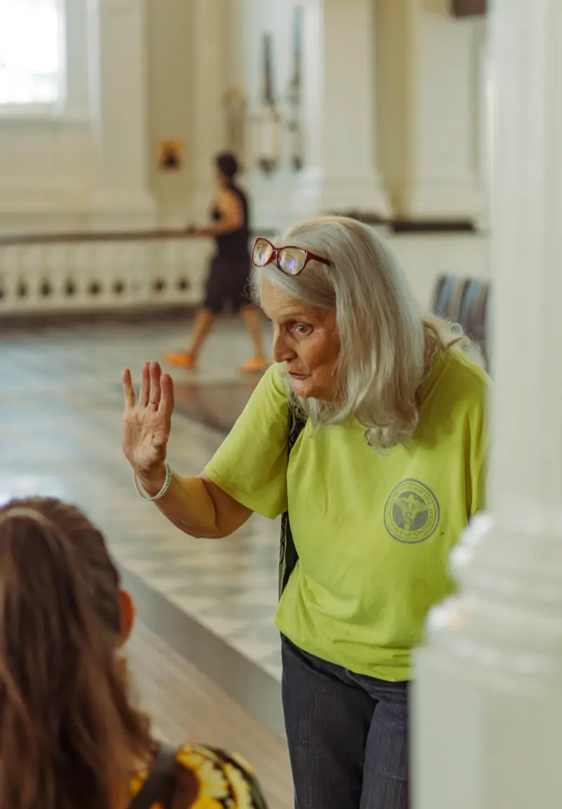 Barbara Horn ’75, at St. Paul’s Chapel, the oldest public building in Manhattan still in continuous use. President George Washington worshipped there on the day of his inauguration. 
