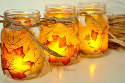 photo of the craft: mason jars covered in leaves