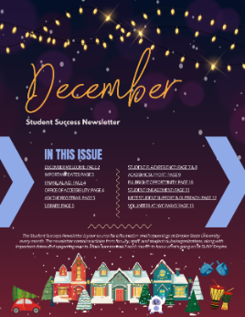 Cover photo for the December Student Success Newsletter. Yellow string lights are pictured at the top of an hombre background that starts out as blue/purple and turns into red at the bottom.