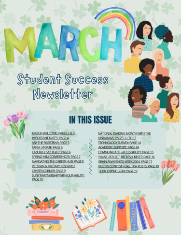 The March Newsletter cover features shamrocks, books, flowers, and a drawing of different women