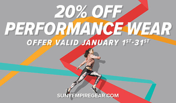 Picture that says you can get 20 percent off of performance wear in January