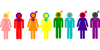 Silhouette logo of men and women in various colors with their heads being the binary and non-binary gender symbols