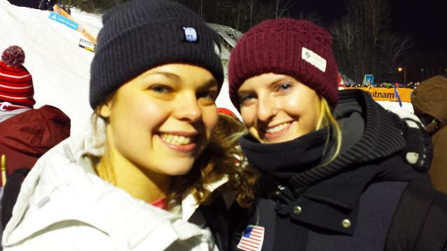 SUNY Empire alumna Ashley Caldwell ’14, at left, with her U.S. Olympic teammate Kiley McKinnon, at the FIS World Cup aerial competition, held Jan. 19-20, 2018, in Lake Placid, N.Y.