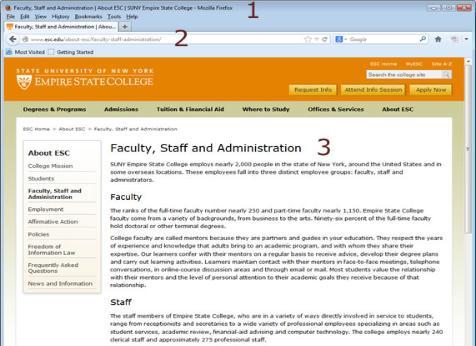 Example: Screenshot showing how the title bar, page title and Web address (URL) are related